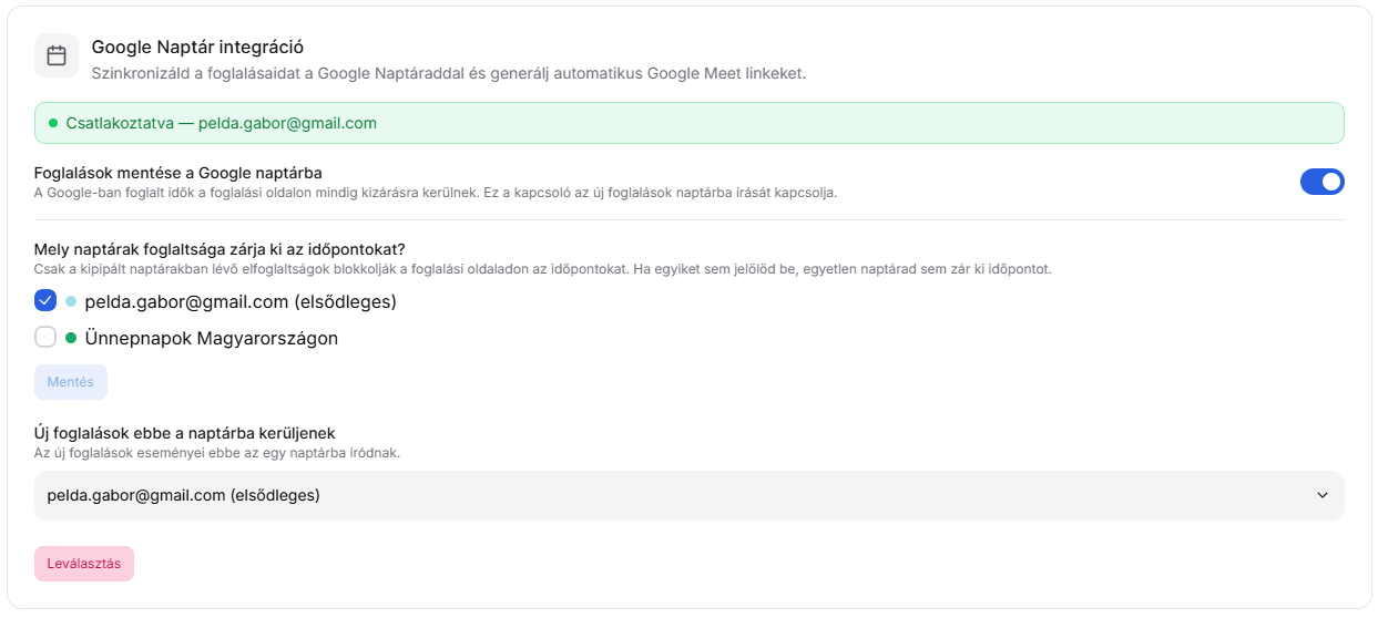 Google Naptár Integráció Beállítások